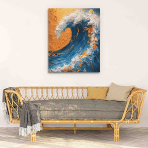 a living room with a couch and a painting on the wall
