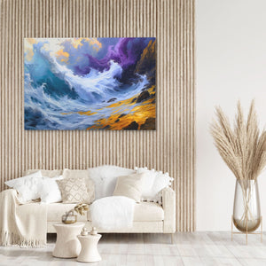 a living room with a couch and a painting on the wall