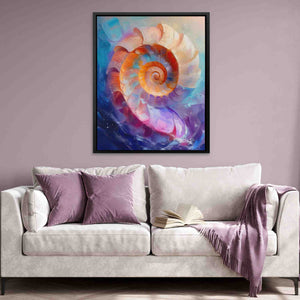 a living room with a couch and a painting on the wall