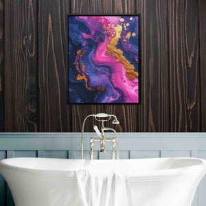 a bathroom with a bathtub and a painting on the wall
