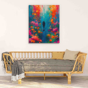 a living room with a couch and a painting on the wall