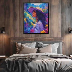 a painting of a woman in a hat on a wall above a bed