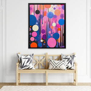 a painting hanging on a wall above a wooden bench