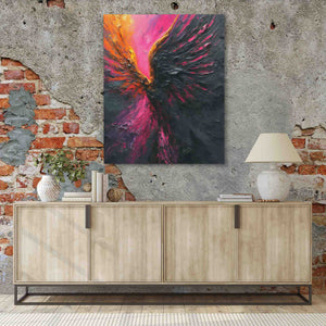 a painting hanging on a wall next to a sideboard