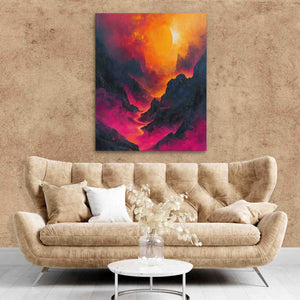 a living room with a couch and a painting on the wall
