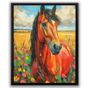 a painting of a horse in a field of flowers