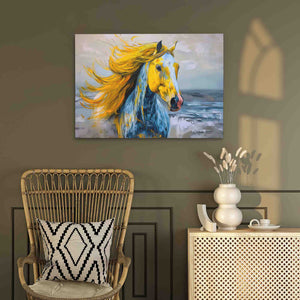 a painting of a horse on a wall next to a chair