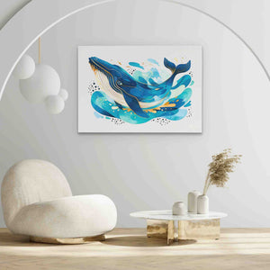 a living room with a couch and a painting on the wall