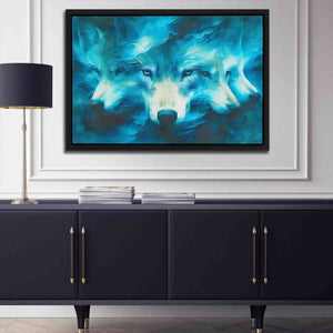 a painting of two wolfs on a wall