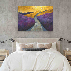 a bedroom with a bed and a painting on the wall