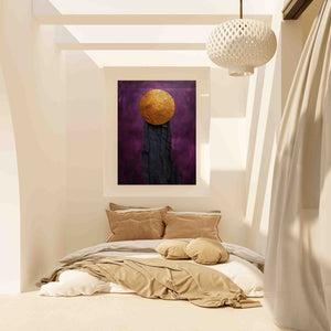 a bedroom with a bed and a painting on the wall