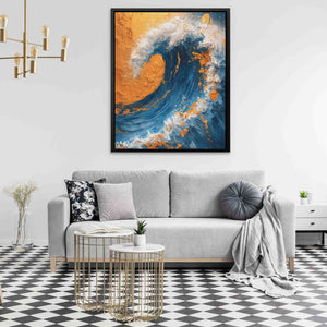 a living room with a couch and a painting on the wall