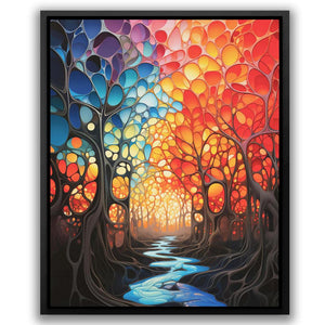 a painting of a river running through a forest