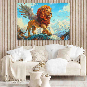 a living room with a couch and a painting on the wall