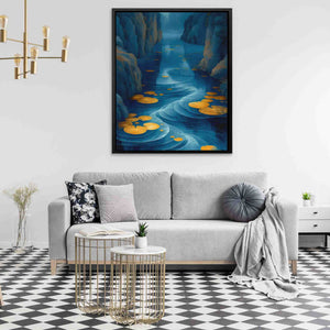 a living room with a couch and a painting on the wall