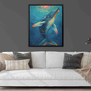 a living room with a couch and a painting on the wall