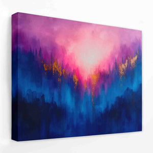 a painting of a purple and blue forest