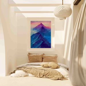 a bedroom with a bed and a painting on the wall