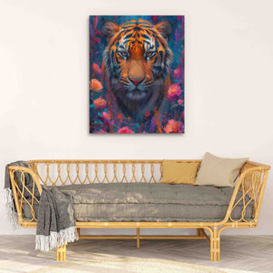 a painting of a tiger on a wall above a couch