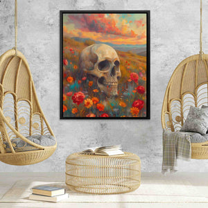 a painting of a skull in a field of flowers