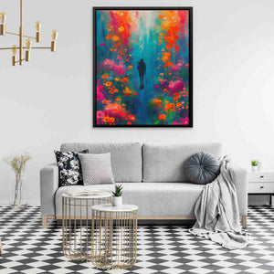 a living room with a couch and a painting on the wall