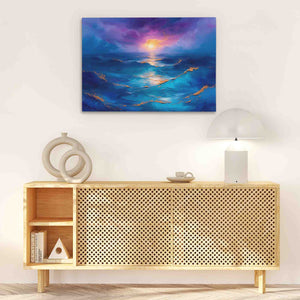 a painting on a wall above a wooden cabinet