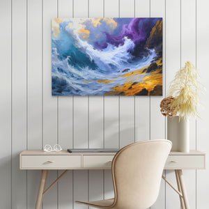 a desk with a chair and a painting on the wall