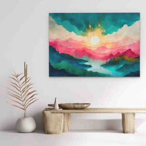 a painting hanging on a wall above a table