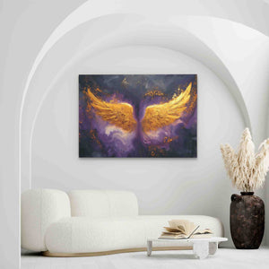a living room with a white couch and a painting on the wall