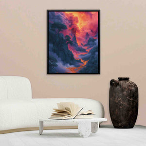 a living room with a white couch and a painting on the wall