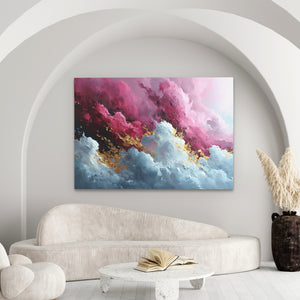 a living room with a white couch and a painting on the wall