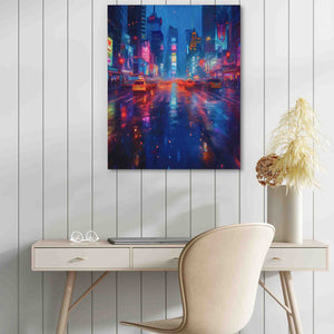 a painting of a city street at night