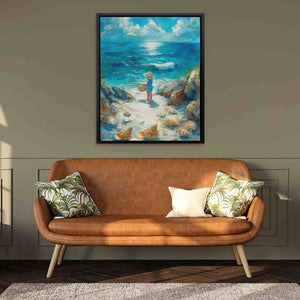 a living room with a couch and a painting on the wall