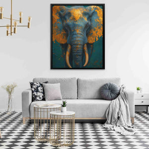 a living room with a couch and a painting on the wall