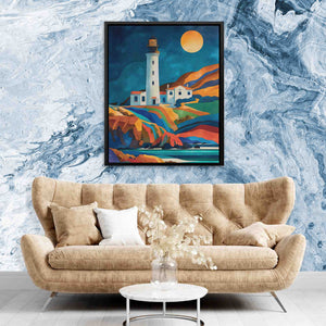 a living room with a couch and a painting on the wall