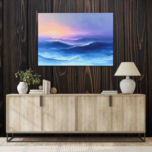 a painting hanging on a wall next to a sideboard