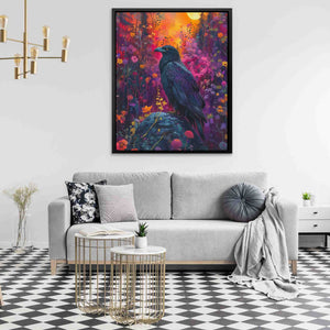 a living room with a couch and a painting on the wall