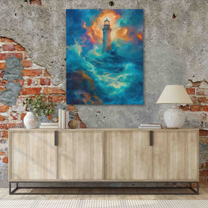 a painting of a lighthouse on a brick wall