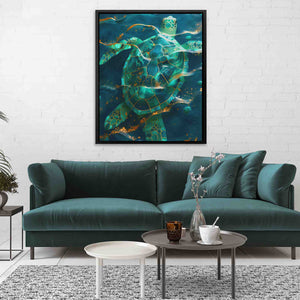 a living room with a couch and a painting on the wall