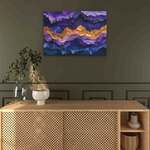 a painting on a wall above a wooden cabinet