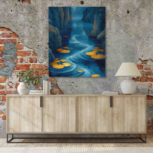 a painting hanging on a wall next to a sideboard