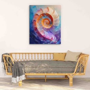 a living room with a couch and a painting on the wall