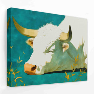 a painting of a white cow with yellow horns