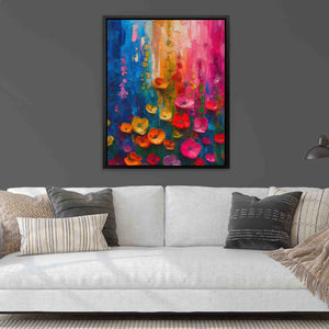 a living room with a couch and a painting on the wall