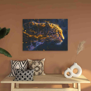 a living room with a table and a painting on the wall