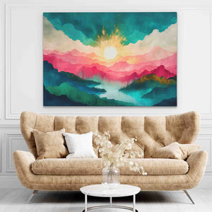 a living room with a couch and a painting on the wall