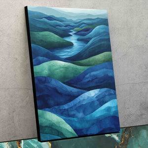 a painting on a wall of a blue and green landscape