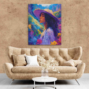 a painting of a woman with a purple hat