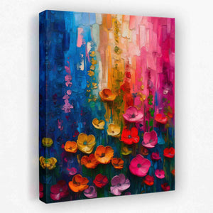 a painting of colorful flowers on a white wall