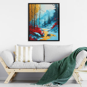 a living room with a couch and a painting on the wall